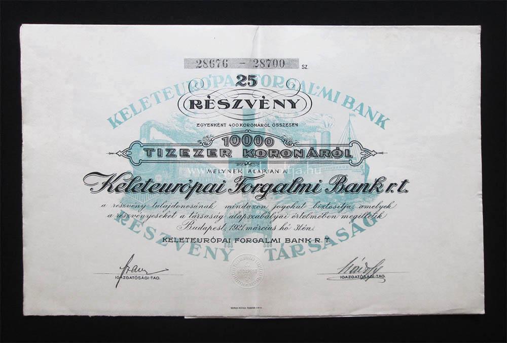 Keleteurópai Forgalmi Bank részvény 25x400 korona 1921